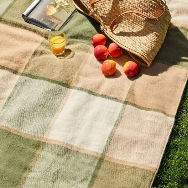 Pikniková vlněná deka Polo Block Check Olive, kožené popruhy, 183x150 cm Tweedmill