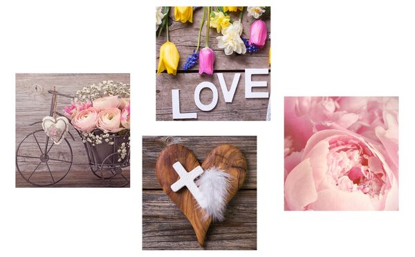 Set obrazů zátiší květin s křížkem a nápisem Love