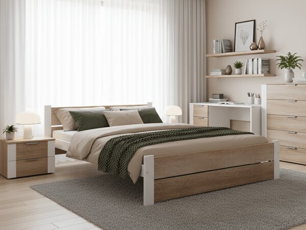 Postel IKAROS DOUBLE 180 x 200 cm, bílá/dub sonoma s lamelovým roštem