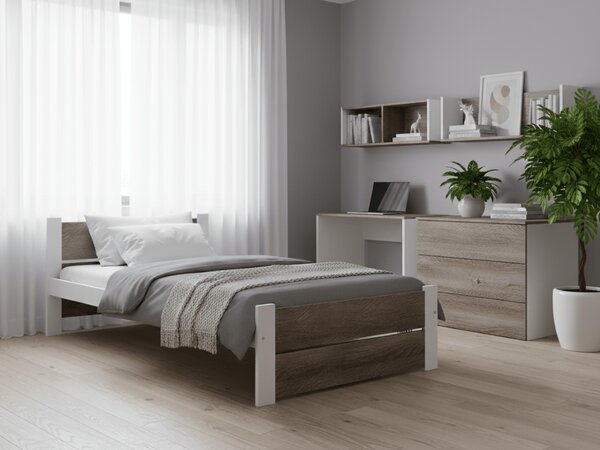 Postel IKAROS DOUBLE 90 x 200 cm, bílá/dub lanýž s laťkovým roštem