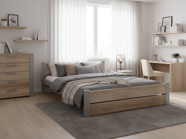 Postel IKAROS DOUBLE 160 x 200 cm, dub sonoma/šedá s laťkovým roštem