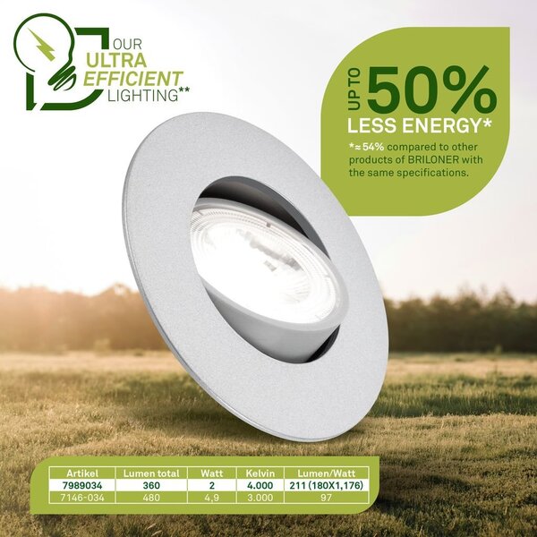 BRILO 7989034 3ks sada LED vestavné bodové svítidlo EEK A 2W, 230V, nastavitelné, ultraploché, 90mm, matný chrom - BRILO