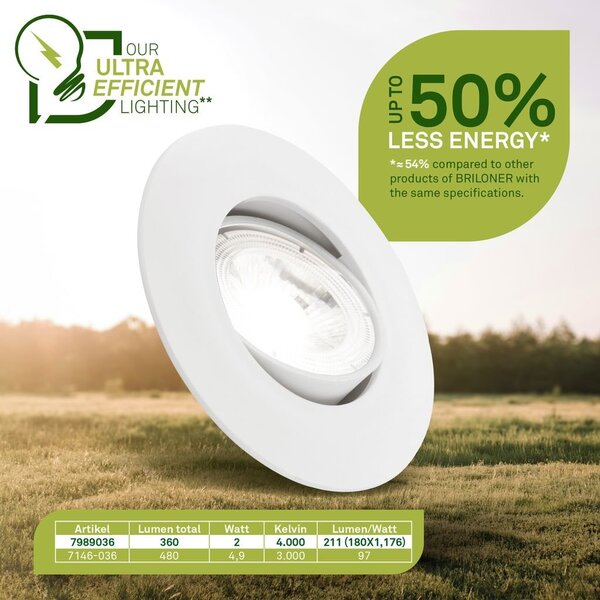 BRILO 7989036 3ks sada LED vestavné bodové svítidlo EEK A 90mm, nastavitelné, ploché, 2W, 4000K, bílé - BRILO