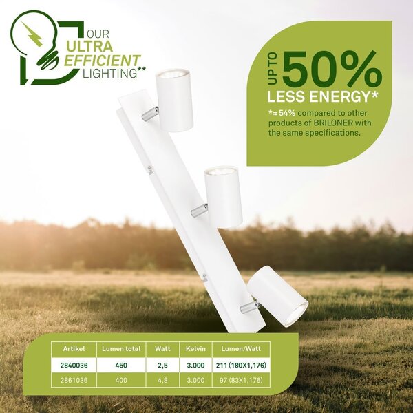 BRILO 2840036 Isil A LED stropní bodové svítidlo, energetická třída A, 3-ramenné, 50.000h životnost, nastavitelné, bílé - BRILO