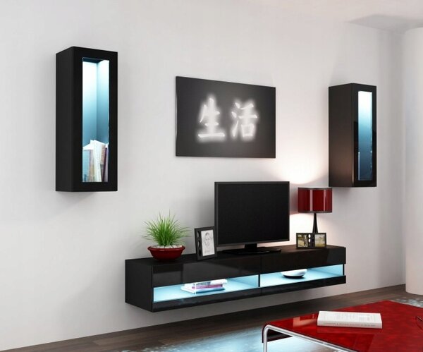 Elegantní obývací stěna VIGO NEW sestava 11 Barevné provedení VIGO: Černá / Černý lesk, LED osvětlení: bez osvětlení +0Kč
