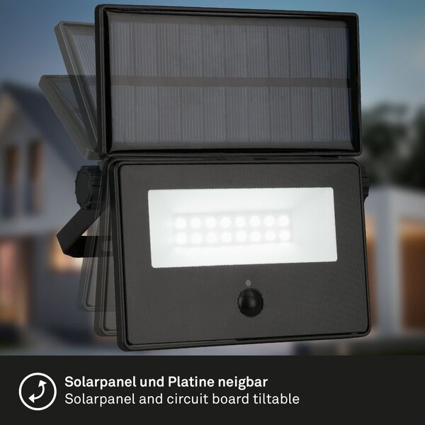 BRILO 3856015 Solární LED venkovní nástěnné svítidlo vč. IR senzoru, černé, 5W, 400 lm, sklo/plast - BRILO