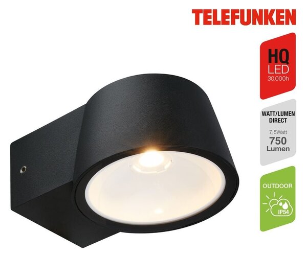 TF 323005TF TELEFUNKEN LED venkovní nástěnné svítidlo, IP54 voděodolné a prachotěsné, černý hliník - BRILONER