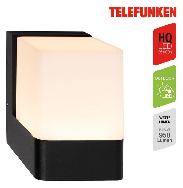 TF 322105TF TELEFUNKEN LED venkovní nástěnné svítidlo, ochrana proti stříkající vodě, kostka, teplá bílá, černá - BRILONER