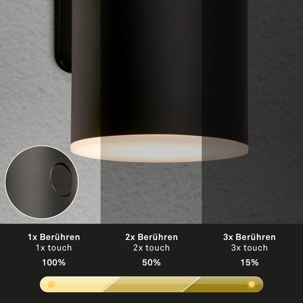 BRI 3786015 Lima LED venkovní nástěnné svítidlo, nabíjecí, 3 krokový dotykový stmívač, časovač, černé - BRILONER