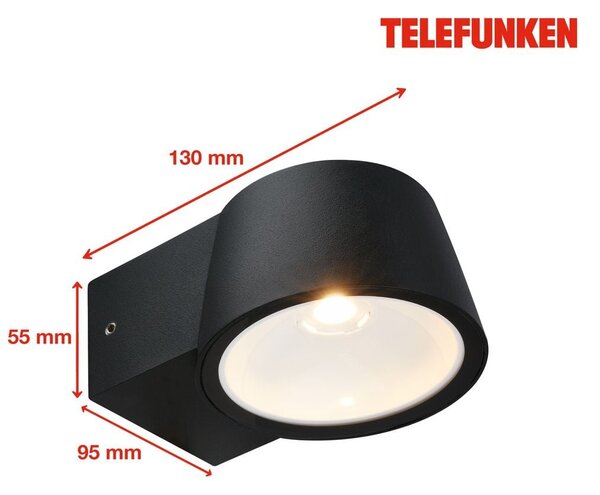 TF 323005TF TELEFUNKEN LED venkovní nástěnné svítidlo, IP54 voděodolné a prachotěsné, černý hliník - BRILONER