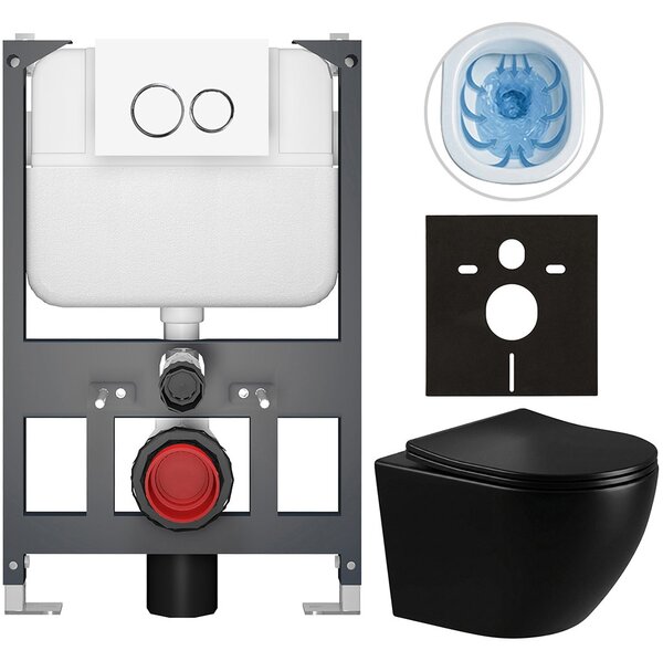 Kompletní WC set Basic/Cesso - černá lesklá - WC tlačítko Dualo/Bílá - závěsné - nízký modul - předstěnová instalace - 49x36 cm