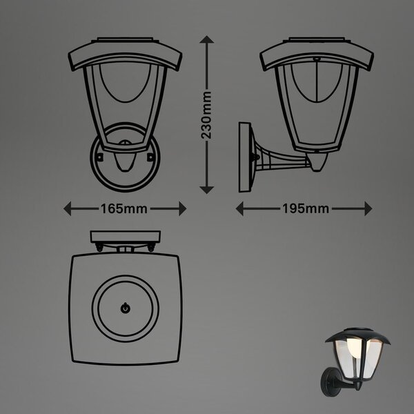 BRI 3929015 LED nabíjecí nástěnné svítidlo, venkovní, retro, dotykový vypínač, vyměnitelné baterie, vč. USB-C kabelu, stmívatelné, IP44, černá - BRILONER