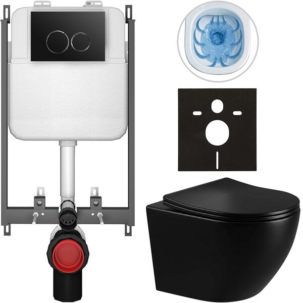 Kompletní WC set Basic/Cesso - černá lesklá - WC tlačítko Dualo/Černá - pro zazdění - 49x36 cm