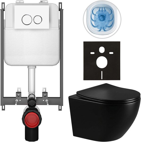 Kompletní WC set Basic/Cesso - černá lesklá - WC tlačítko Dualo/Bílá - pro zazdění - 49x36 cm