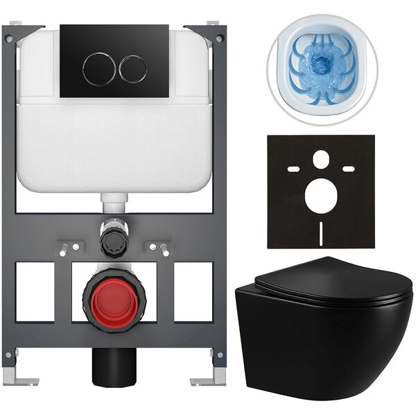 Kompletní WC set Basic/Cesso - černá lesklá - WC tlačítko Dualo/Černá - závěsné - nízký modul - předstěnová instalace - 49x36 cm