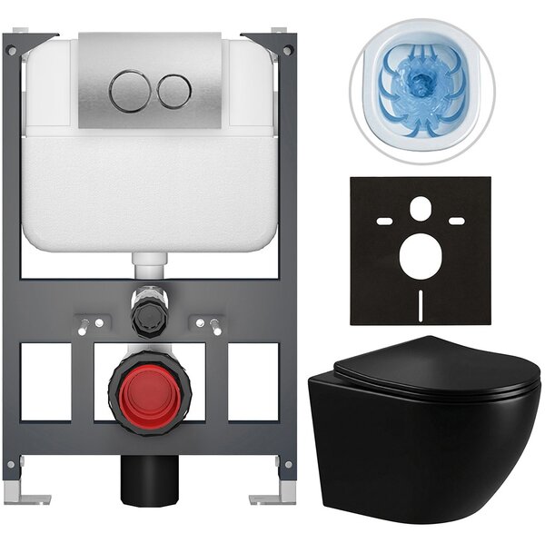 Kompletní WC set Basic/Cesso - černá lesklá - WC tlačítko Dualo/Stříbrná - závěsné - nízký modul - předstěnová instalace - 49x36 cm