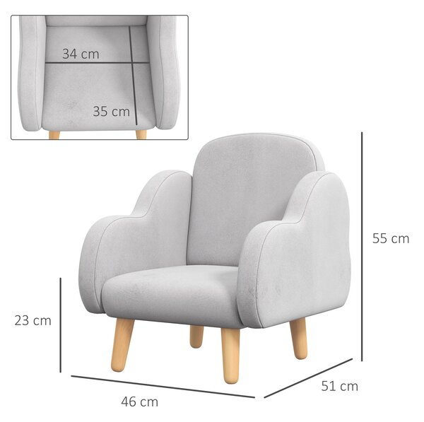 ZONEKIZ Dětské křeslo v severském stylu s oblými opěrkami ve tvaru mraků, vhodné pro děti do 3 let, látkové, 46x51x55cm, šedé | Aosom