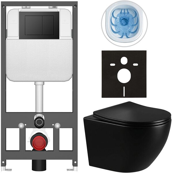 Kompletní WC set Basic/Cesso - černá lesklá - WC tlačítko Maxio/Černá - závěsné - předstěnová instalace - 49x36 cm