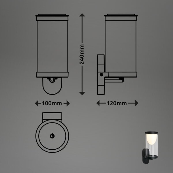 BRI 3930015 LED nabíjecí nástěnné svítidlo, venkovní, dotykový vypínač, vyměnitelné baterie, vč. USB-C kabelu, stmívatelné, IP44, černé - BRILONER