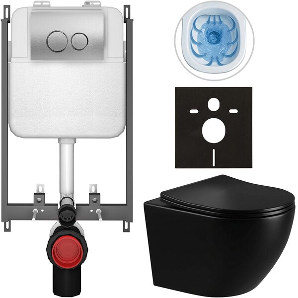 Kompletní WC set Basic/Cesso - černá lesklá - WC tlačítko Dualo/Stříbrná - pro zazdění - 49x36 cm