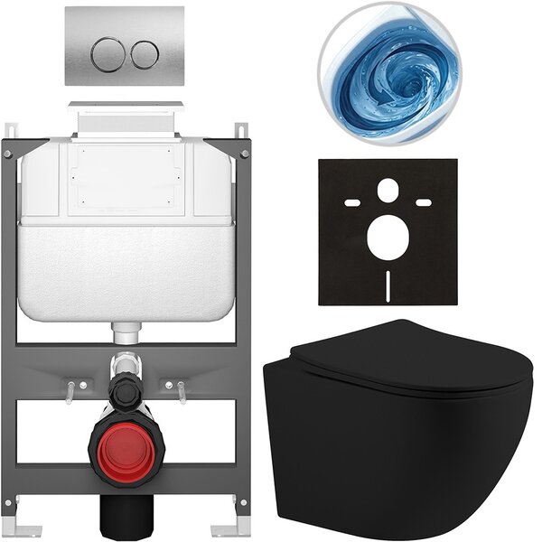 Kompletní WC set Basic/Cesso - černá matná - WC tlačítko Dualo/Stříbrná - ovládání shora - předstěnová instalace - 49x36 cm - 8050BD86205