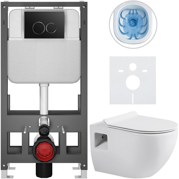 Kompletní WC set Basic/Dure - bílá lesklá - WC tlačítko Dualo/Černá - volně stojící - předstěnová instalace - 51x35 cm