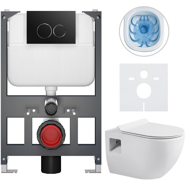 Kompletní WC set Basic/Dure - bílá lesklá - WC tlačítko Dualo/Černá - závěsné - nízký modul - předstěnová instalace - 51x35 cm