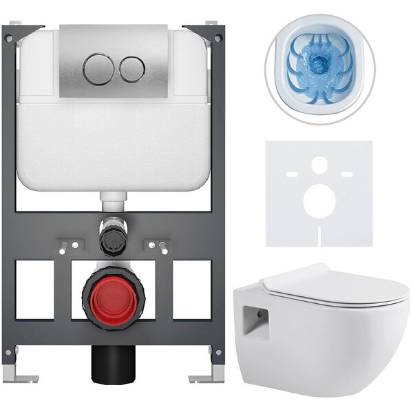 Kompletní WC set Basic/Dure - bílá lesklá - WC tlačítko Dualo/Stříbrná - závěsné - nízký modul - předstěnová instalace - 51x35 cm