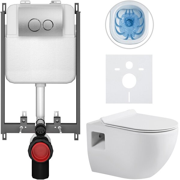 Kompletní WC set Basic/Dure - bílá lesklá - WC tlačítko Dualo/Stříbrná - pro zazdění - 51x35 cm