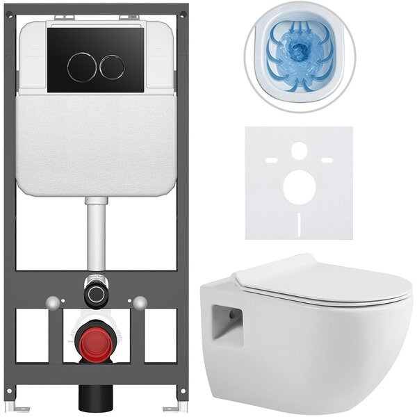 Kompletní WC set Basic/Dure - bílá lesklá - WC tlačítko Dualo/Černá - závěsné - předstěnová instalace - 51x35 cm