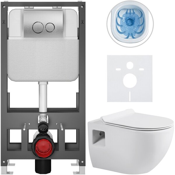 Kompletní WC set Basic/Dure - bílá lesklá - WC tlačítko Dualo/Stříbrná - volně stojící - předstěnová instalace - 51x35 cm