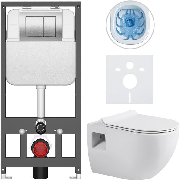 Kompletní WC set Basic/Dure - bílá lesklá - WC tlačítko Maxio/Stříbrná - závěsné - předstěnová instalace - 51x35 cm