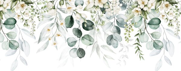 Fototapety Ilustrace se zelenými listy, bílými květy, pivoňkou a větvemi, Fototapety příroda, Fototapety listy, u96063 : uwalls.cz
