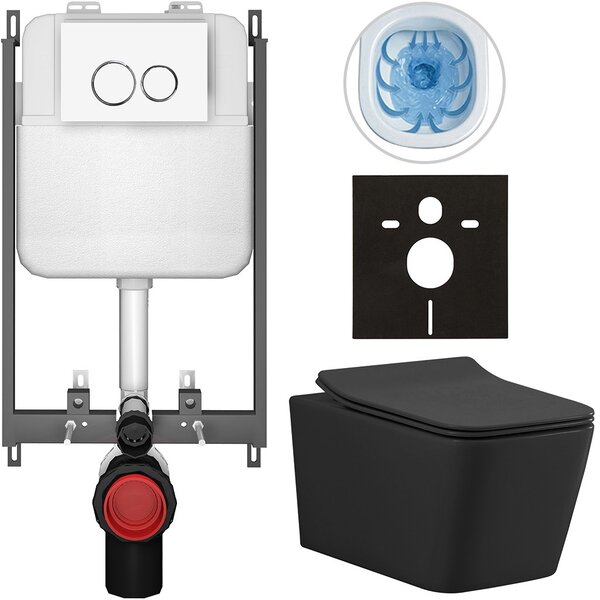 Kompletní WC set Basic/Forte - černá matná - WC tlačítko Dualo/Bílá - pro zazdění - 51x36 cm