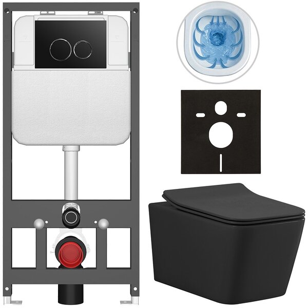 Kompletní WC set Basic/Forte - černá matná - WC tlačítko Dualo/Černá - závěsné - předstěnová instalace - 51x36 cm