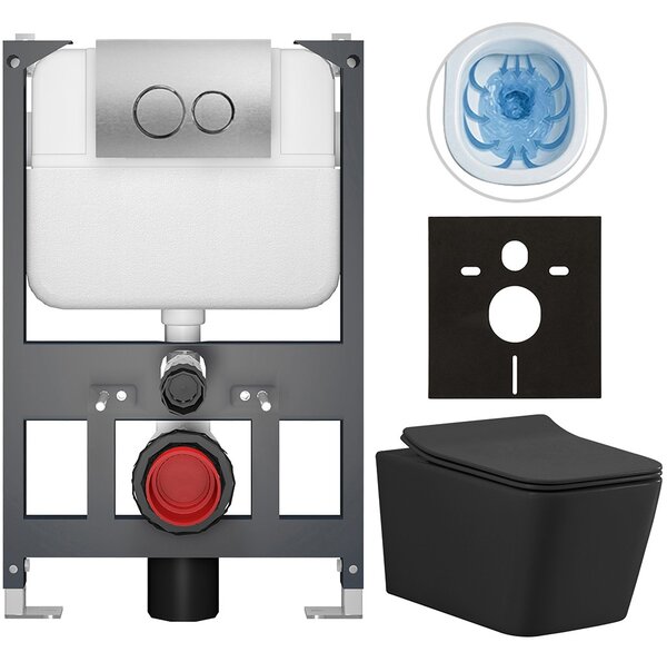 Kompletní WC set Basic/Forte - černá matná - WC tlačítko Dualo/Stříbrná - závěsné - nízký modul - předstěnová instalace - 51x36 cm