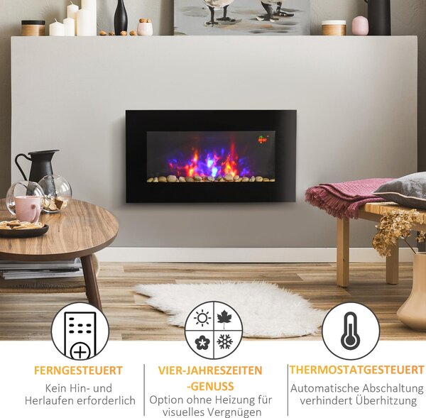 Elektrický krb HOMCOM s efektem LED plamenů, nástěnný krb 1000/2000 W, montáž na zeď