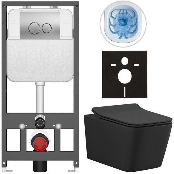 Kompletní WC set Basic/Forte - černá matná - WC tlačítko Dualo/Stříbrná - závěsné - předstěnová instalace - 51x36 cm