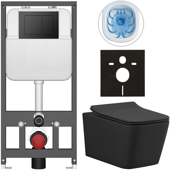 Kompletní WC set Basic/Forte - černá matná - WC tlačítko Maxio/Černá - závěsné - předstěnová instalace - 51x36 cm