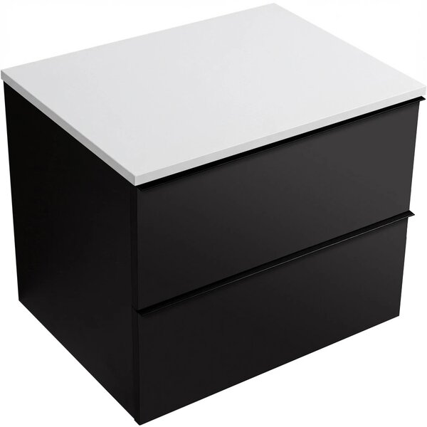 Koupelnová skříňka Velora - černá matná, úchytka černá + deska z lit. mramoru Elanys - 12 mm - bílá matná - 60x54,2x46,5 cm