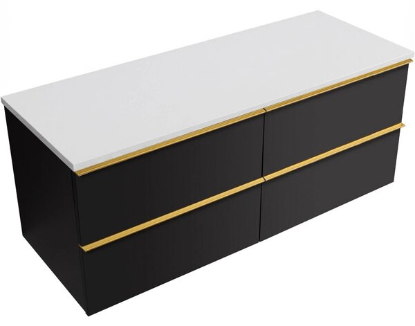 Koupelnová skříňka Velora - černá matná, úchytka zlatá + deska z lit. mramoru Elanys - 12 mm - bílá matná - 120x54,2x46,5 cm