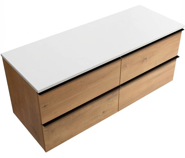 Koupelnová skříňka Velora - dub medový, úchytka černá + deska z lit. mramoru Elanys - 12 mm - bílá matná - 140x54,2x46,5 cm