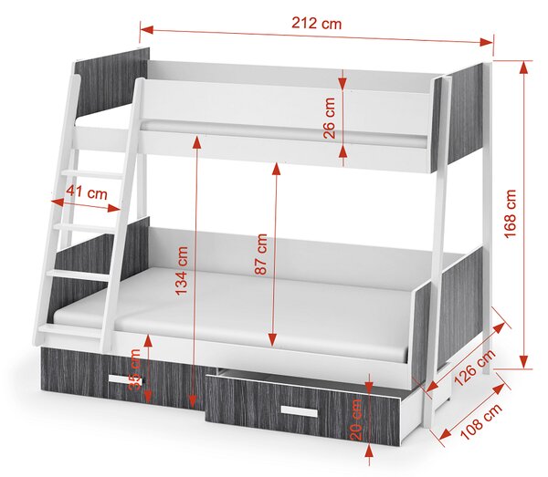 Meblobed Patrová postel Vojta 200x90 cm / 120x200 cm Barva dřeva: bílá akryl, Barva desky: antracit