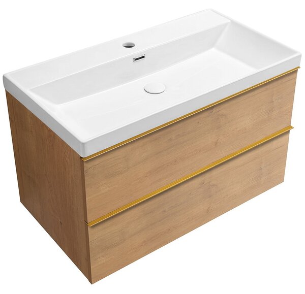 Koupelnová skříňka Velora - dub medový, úchytka zlatá - keramické umyvadlo Viano - 81,2x67,6x46,5 cm