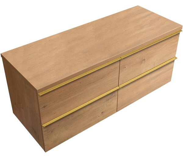 Koupelnová skříňka Velora - dub medový, úchytka zlatá + deska pod umyvadlo Navira Pro - 36 mm - 140x56,6x46,5 cm