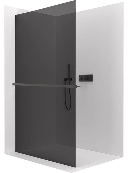 Sprchová zástěna Walk-in Crystal L/P - 10 mm + polička/držák na ručníky - bezvzpěrový systém - černá matná, grafitové sklo - 90x200 cm
