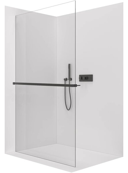 Sprchová zástěna Walk-in Crystal L/P - 10 mm + polička/držák na ručníky - bezvzpěrový systém - černá matná, transparentní sklo - 110x200 cm