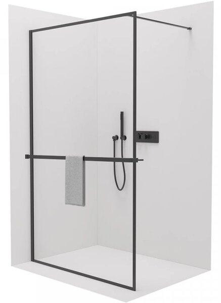 Sprchová zástěna Walk-in Moreli L/P + polička/držák na ručníky - černá matná, transparentní sklo - 60x200 cm