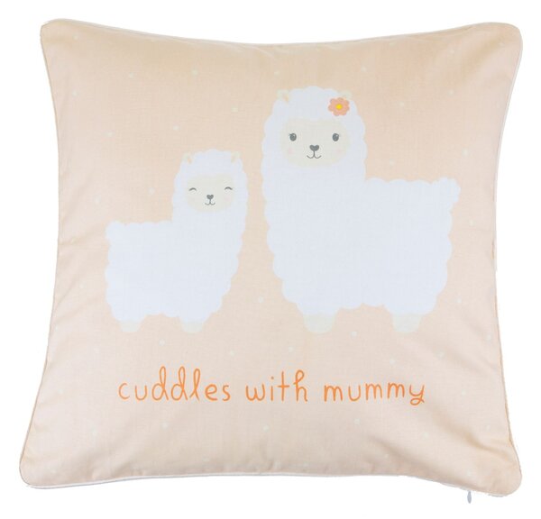 Sass & Belle Světle oranžový bavlněný polštář s motivem lamy a nápisem Cuddles with Mummy 42x40