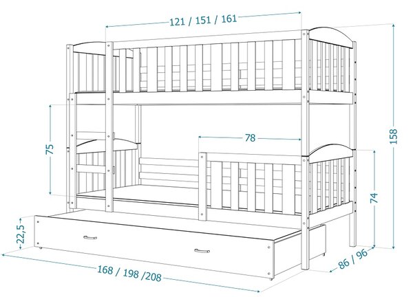 Poschoďová postel Kubus MDF - bílá + varianty Velikost spací plochy: 160x80, Barva: modrá, Matrace: ne